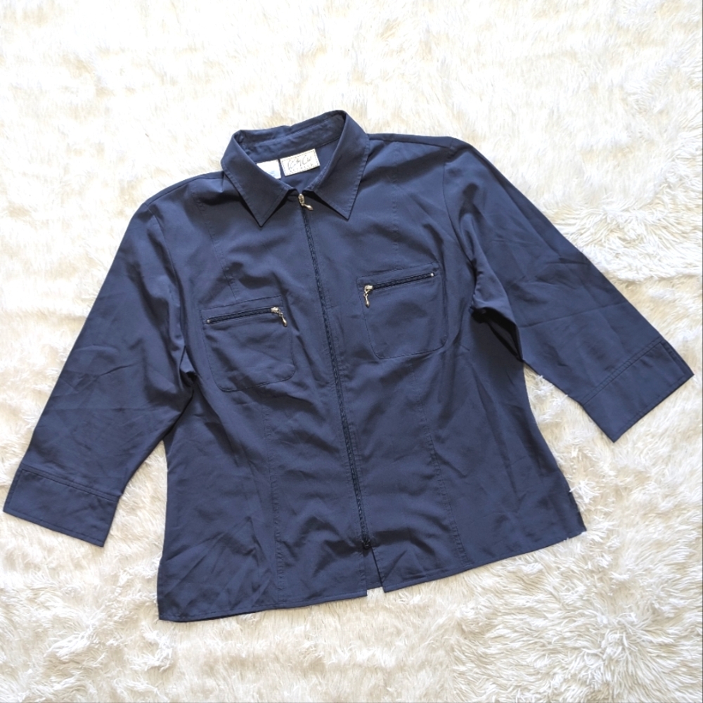 Kathy Che Blue Zip Front Collared Top with Zipper Chest Pockets Size 14